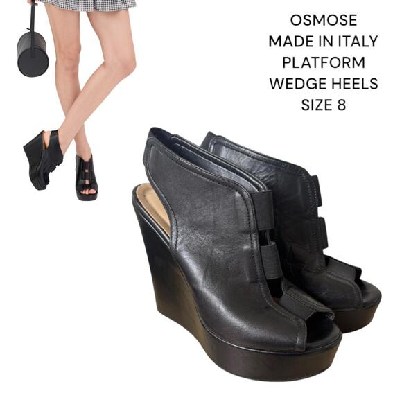 OSMOSE MADE IN ITALY BLACK LEATHER PLATFORM WEDGE HEELS SIZE 8